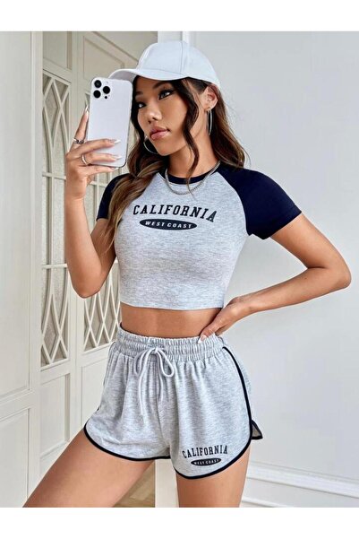 stg spor toptan giyim Women's Grey-Navy Blue California Printed Raglan Sleeve Short Crop Body Mini Shorts Bottom Top Set