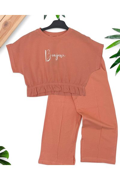 voyyo kids baby Girl's Summer Bonjour Printed Crop and Legged Pants Bottom Top Tracksuit Set