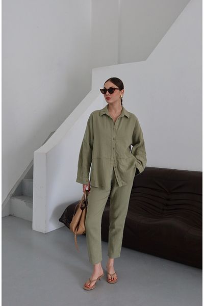 Laluvia Khaki 100% Linen Shirt Trousers Set - 0254