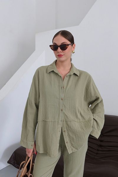 Laluvia Khaki 100% Linen Shirt Trousers Set - 0254