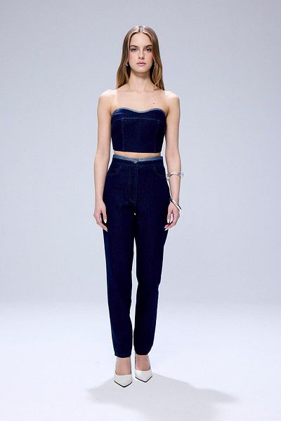 rue Navy Blue Denim Trousers with Glitter Stitching Detail