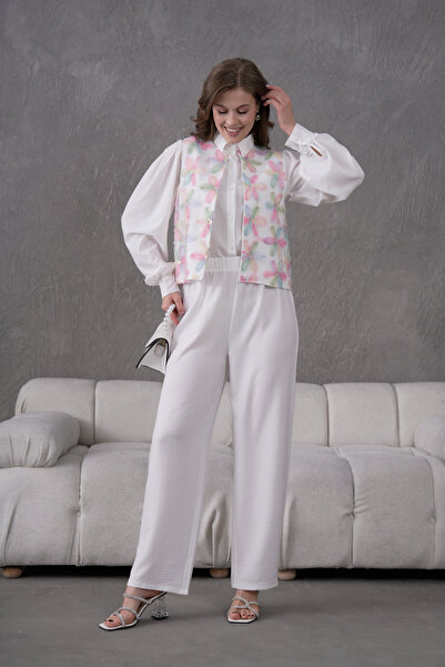 Miss Allos Дамска ленена жилетка с бродирани цветя от тюл и комплект горнище и долнище