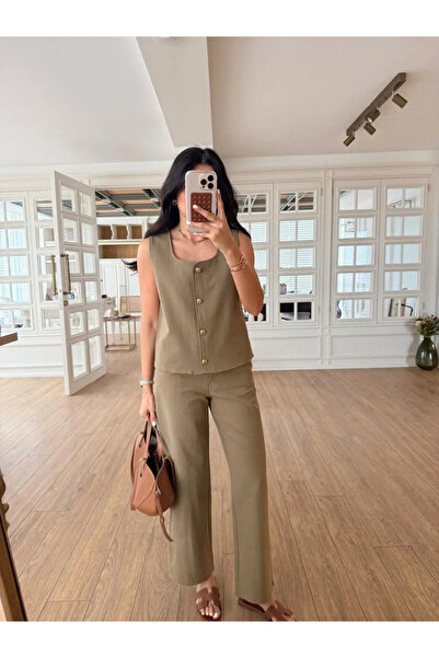 My Blog Haki Gold Düğme Yandan Fermuarlı Pantolon Takım - 7134