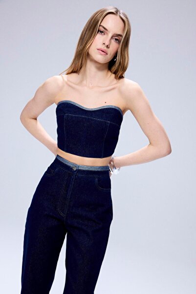 rue Sim Detaylı Straplez Lacivert Denim Büstiyer
