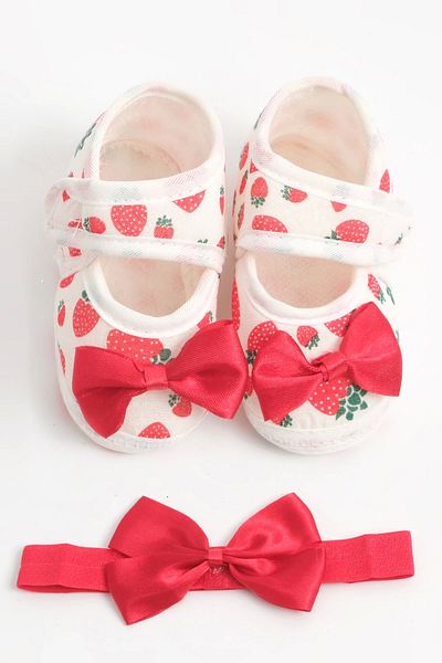 LOGO AKSESUAR 0-3 Months Newborn Strawberry Patterned Red Baby Bandana Booties Set
