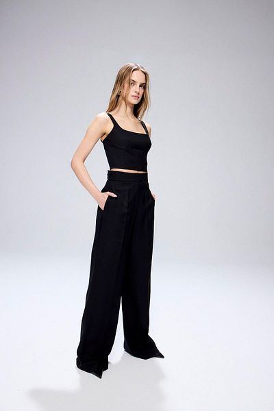 rue Wide Leg Black Trousers with Ironing Detail
