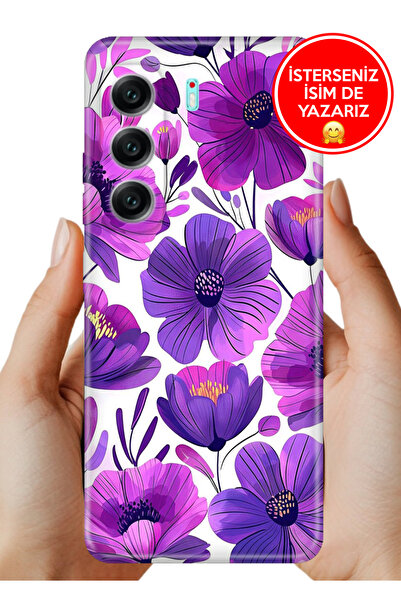TECNO Camon 40 Uyumlu Kılıf A Kalite Baskılı Art Silikon Mor Çiçekler