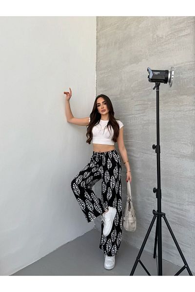 Ozy Fashion Black-White Leaf Patterned Wide Leg/Viscose Palazzo Trousers with Elastic Waist and Tie Detail