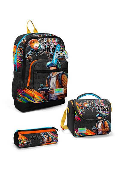 Coral High Set de 3 genți de școală cu model pilot de dronă neagră pentru copii SET0123780