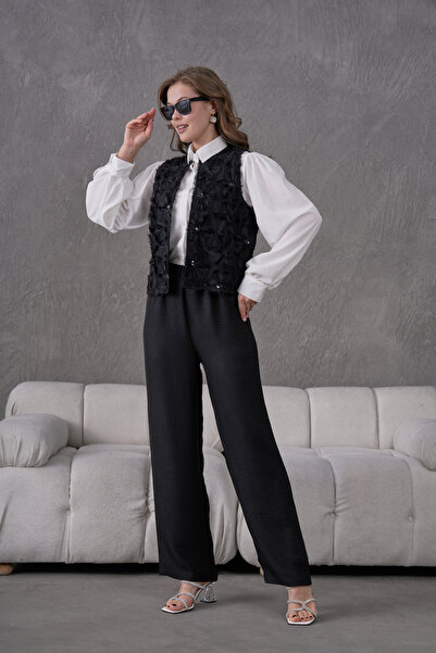 Miss Allos Women's Tulle Floral Embroidered Linen Vest and Pants Bottom Top Set