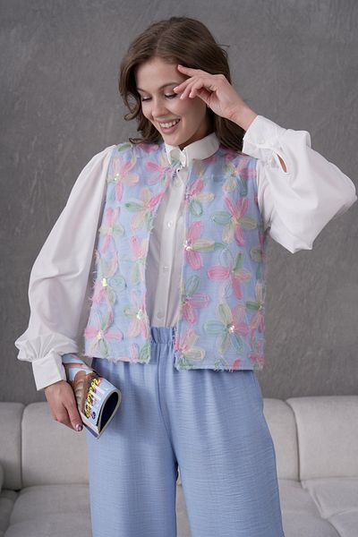 Miss Allos Women's Tulle Floral Embroidered Linen Vest and Pants Bottom Top Set