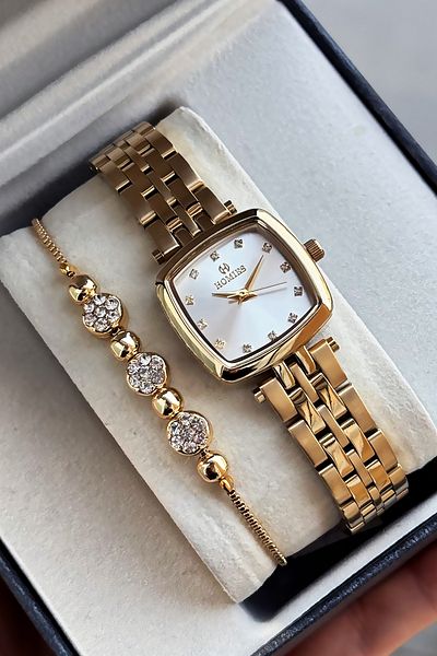 Homies Special Boxed Square Women Wristwatch Waterproof Gold Color Steel Band Gift Bracelet Hmby2058C3