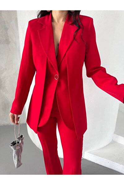 BARG FASHION Red Double Breasted Single Button Blazer Jacket Pants