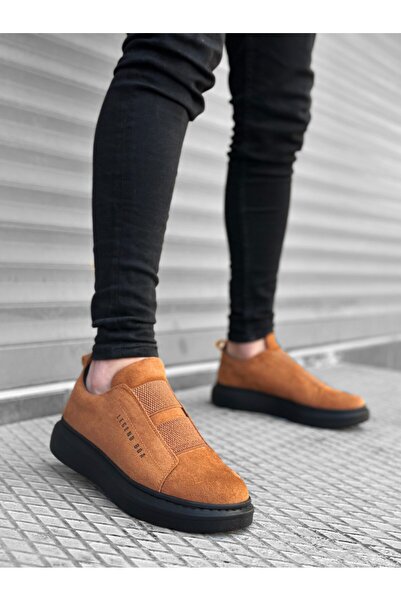 TUGERDİ Tugerdi Thick Suede Leather High Sole Double Tape Tan Black Men's Sports Shoes TGE230457