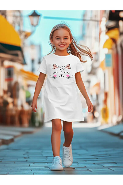 MORNİNG KİDS Tricou-Rochie cu imprimeu pisica albă pentru fetiță