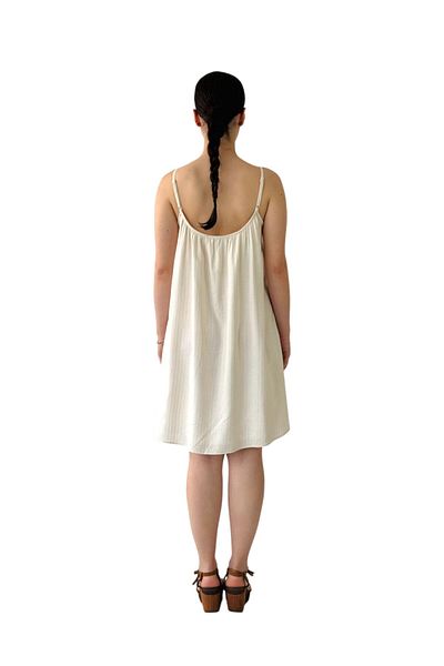 Retrobird Beige Sword Motif Üston Dress with Design Loose Cut Women's Dress