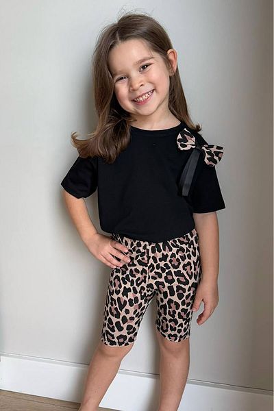 Beniizle Bow Detailed Summer Leopard Pattern Shorts Girl's Suit