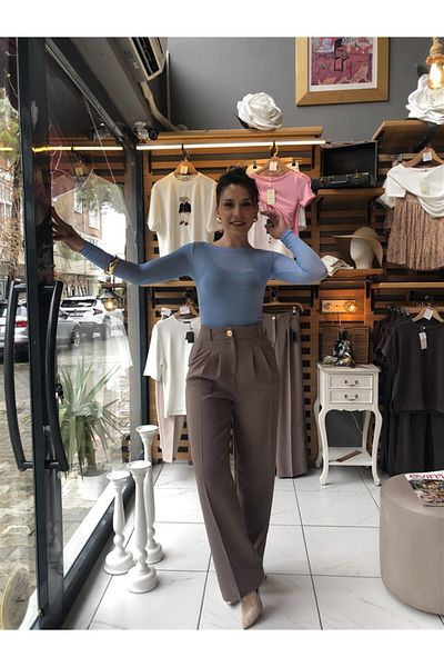 Gözde Tasarım Butik Mink Color Waist Elastic Gold Button Detail Loose Leg Fabric Pants