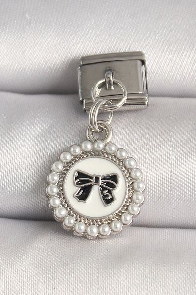 Clariss Heyf 316L Steel Silver Color Black Bow Embroidered Pearl Detailed Nomination Charm