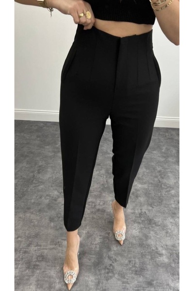 ALVWOMAN بنطلون قماش عالي الخصر بتفاصيل كوليت أسود