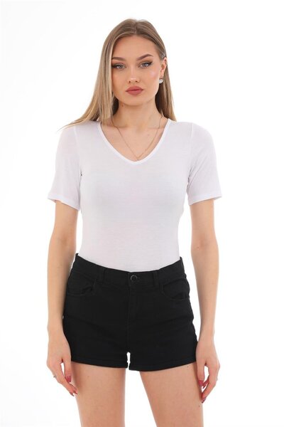 penyebizden Women's V-Neck Cotton Flexible Snap Body T-Shirt-White