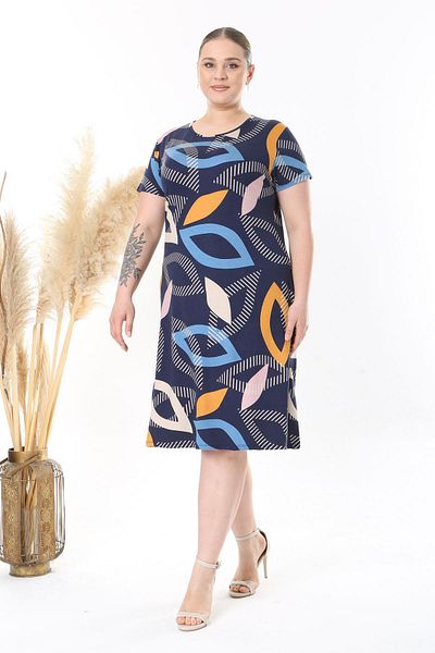 Madwilo Women's Navy Blue Geometric Pattern Midi Dress