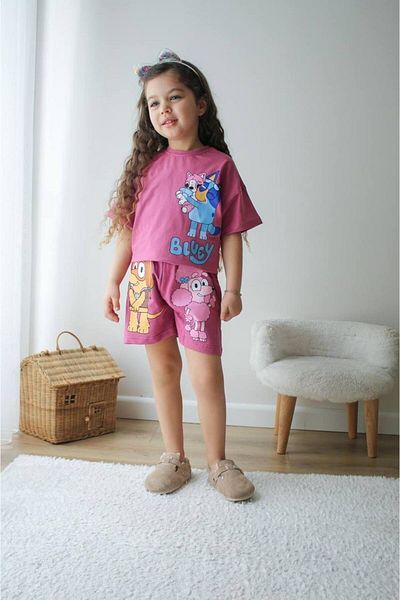 jeliboomkidswear Girl's Bluey Printed Shorts Bottom Top Double Summer Suit