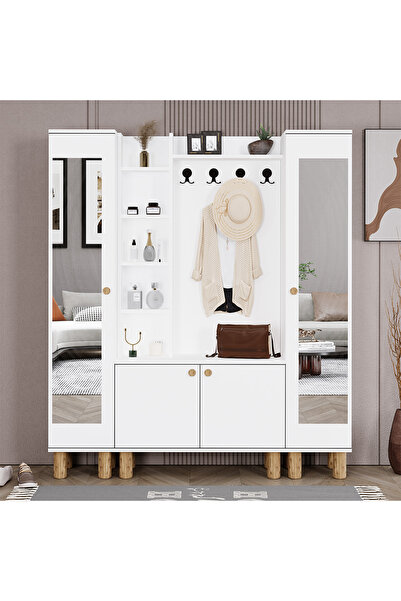 Kalender Dekor Evin-1-3-3 Bohem Ayaklı Aynalı Ayakkabılık Portmanto Vestiyer