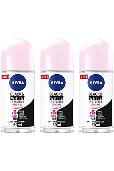 NIVEA Black & White Invisible Antiperspirant Roll-On for Women, 3x50ml