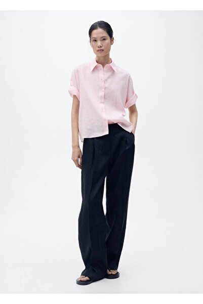 MANGO Woman Keten karışımlı kısa kollu gömlek