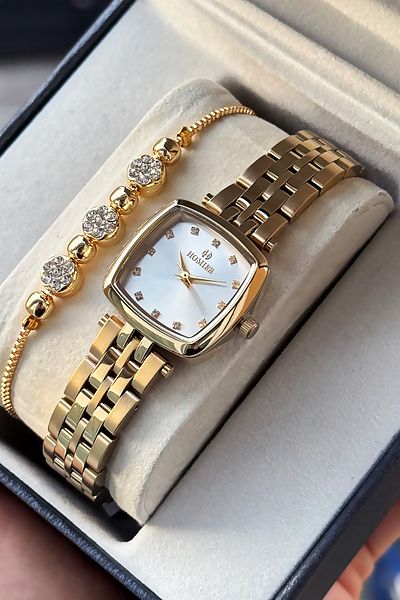 Homies Special Boxed Square Women Wristwatch Waterproof Gold Color Steel Band Gift Bracelet Hmby2058C3