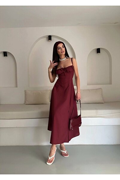 eBaa fashıon BEL BÜZGÜLÜ SIRT BAĞLAMALI YIRTMAÇLI MİDİ ELBİSE