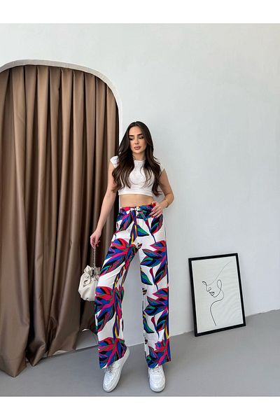 Ozy Fashion White-Blue Leaf Patterned Wide Leg Palazzo Trousers with Elastic Waist