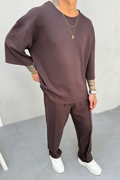 MADZEYMODA Мъжки комплект с тениска и горнище от плат Oyaho, кафяв, с голям размер, KE-0112