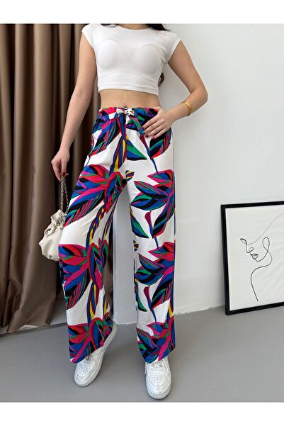 Ozy Fashion Παντελόνι Palazzo με μοτίβο λευκό-μπλε φύλλο με ελαστική μέση