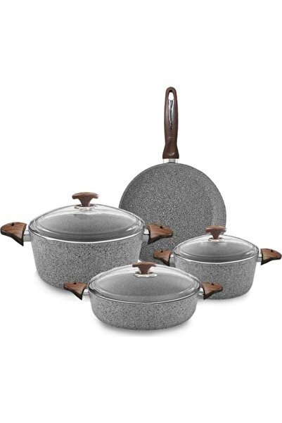 OMS PASLANMAZ 7 Piece Oms Granite Cookware Set Gray with Glass Lid