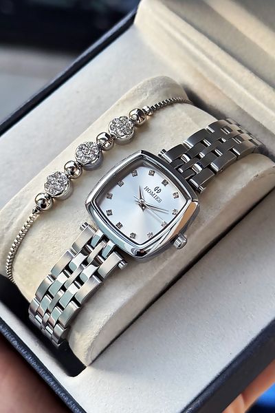 Homies Special Boxed Square Women Wristwatch Waterproof Silver Color Steel Band Gift Bracelet Hmby2058C1
