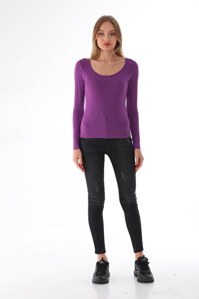 penyebizden Γυναικείο μπλουζάκι από βισκόζη χαμηλού γιακά Slim Fit-Μωβ