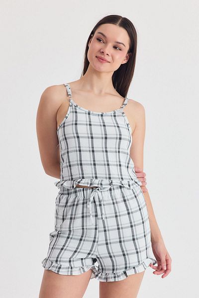 Rays Black Plaid Patterned Ruffle Detailed Shorts Suit 4452
