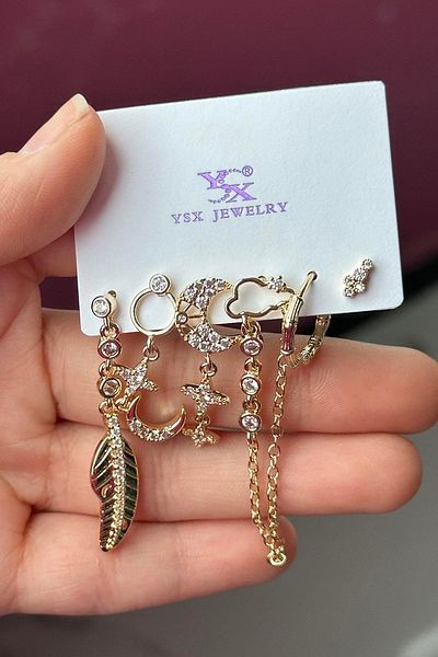 TAKIŞTIR مجموعة أقراط YSX مكونة من 6 قطع مع تفاصيل حجرية ذهبية اللون
