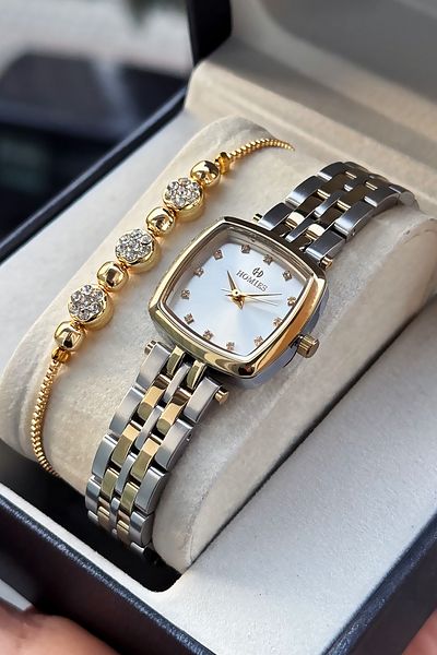 Homies Special Boxed Square Women's Wristwatch Waterproof Gold Silver Steel Band Gift Bracelet Hmby2058C2