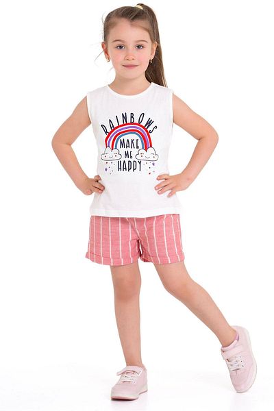 zepkids Zero Sleeve Rainbow Printed Striped Ecru Red Color Girls Shorts Suit