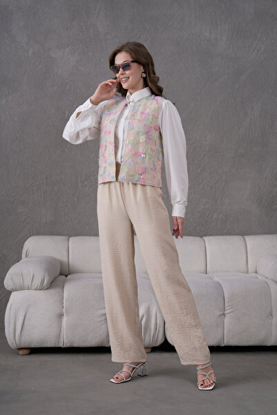 Miss Allos طقم سترة وبنطلون من الكتان المطرز بالزهور من التول للسيدات