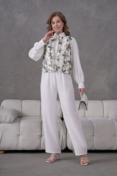 Miss Allos Women's Tulle Floral Embroidered Linen Vest and Pants Bottom Top Set