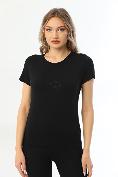 penyebizden تي شيرت نسائي بأكمام قصيرة وتفاصيل حجرية برقبة دائرية - أسود