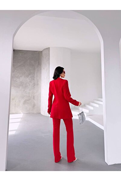 BARG FASHION Red Double Breasted Single Button Blazer Jacket Pants