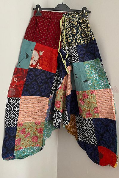 AYASOFYA OTANTIK Women's Nepalese Multi Color Ethnic Patchwork Loose Bohemian Baggy Trousers with Lace up Waist and Elasticized Legs