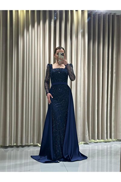 Kaleiçi Yıldızlar Lacivert Boncuk İşlemeli Uzun Kollu Pelerinli Abiye Elbise 5463