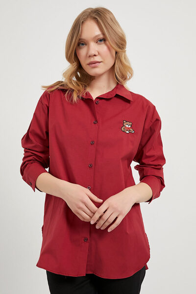 Arma Life Women's Teddy Bear Embroidered Loose Long Sleeve Claret Red Shirt