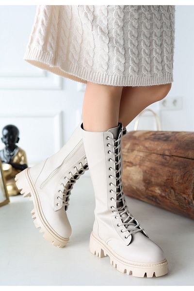 pabucmarketi Women's Beige Faux Leather Lace up Boots